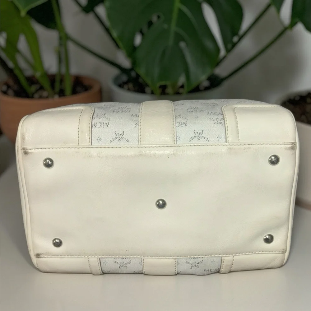 MCM Cream Logo Satchel with Gold Plaque and Charm